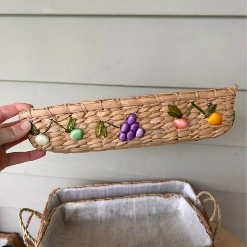 Three Vintage Woven Rectangle Baskets With Raffia Fruit